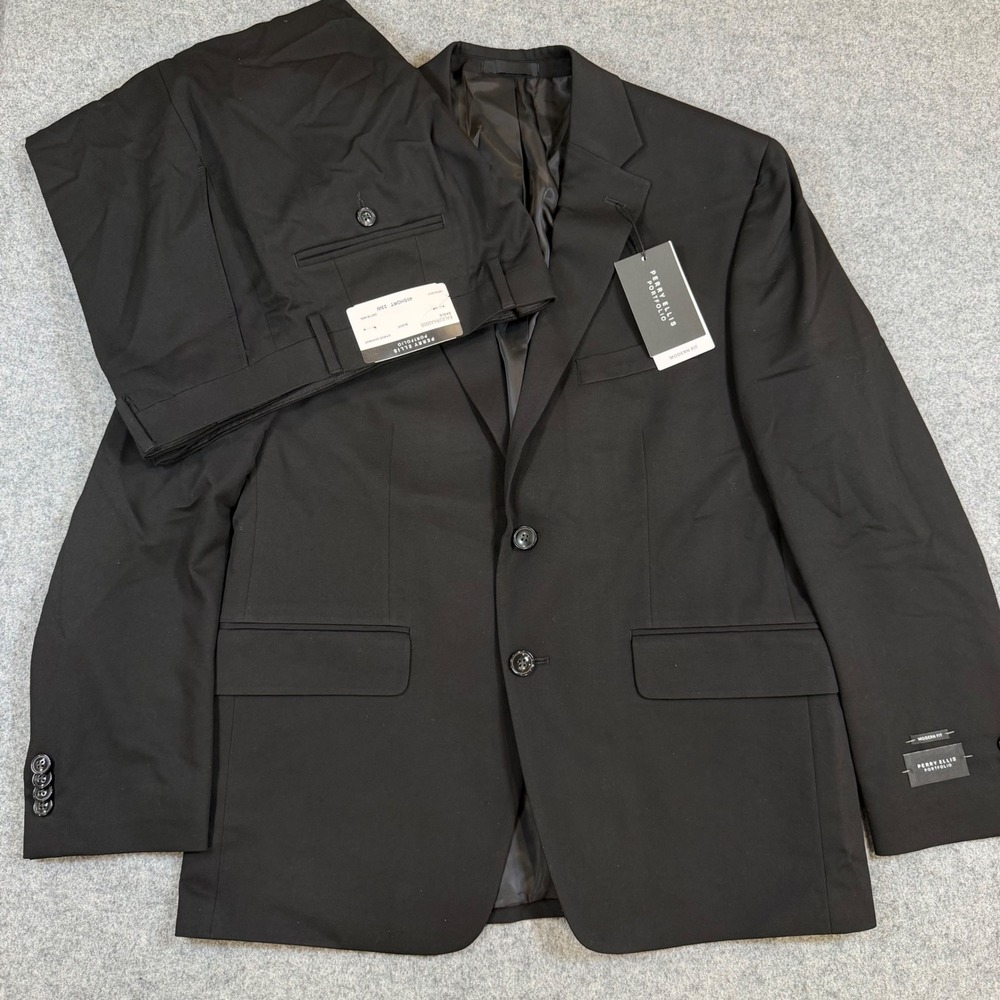Perry Ellis Portfolio Mens 2 Piece Suit 40S 33W Black Modern Fit EALE2RAA0005